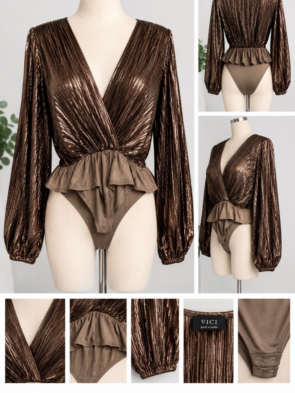 VICI Metallic Bronze Pleated Surplice Long-Sleeve Bodysuit